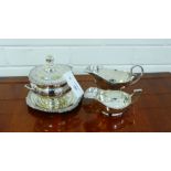 Epns wares to include two sauce boats and a miniature table tureen cover with stand and ladle, (4)