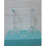 A pair of Tiffany & Co crystal candlesticks, boxed, 24.5cm high