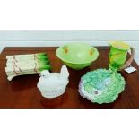 A mixed lot to include Majolica Asparagus dish, a white glazed hen on nest, Burleigh ware jug, etc.,