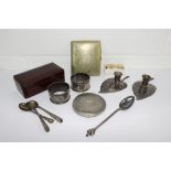 A mixed lot to include a silver powder compact, two silver napkin rings, Epns taper stick holders,