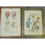 A coloured print of hot air balloons in a gilt wood glazed frame, 30 x 44cm, together with a