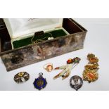 A mixed lot to include a silver plated box containing a yellow metal Cameo dress ring, silver fob