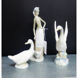 A Lladro porcelain figure of a girl with two geese, together with two Nao geese figures, tallest