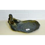 A patinated pewter dish in the form of an Art Nouveau maiden, 37cm long