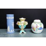 A mixed lot to include an English porcelain floral encrusted small vase, together with a Chinese
