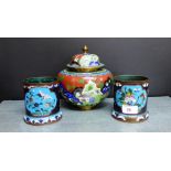 Two Cloisonne cylindrical vases, together with a jar and cover, (3) tallest 20cm