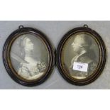 A pair of oval framed prints of King George and his Queen, 15 x 13cm, (2)