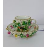 19th century Meissen Schneeballen porcelain cup and saucer applied with flowers to the body