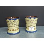 Two Torquay pottery style motto ware mugs in Scandy pattern, 11cm high, (2)