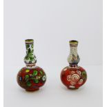 A pair of miniature porcelain double gourd bottle neck vases, painted with flowers, 6.5cm high