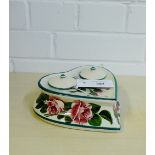 A Wemyss ware heart shaped desk ink stand painted with cabbage roses with later Griselda Hill