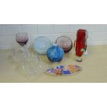 A collection of Art glass to include a Murano red and yellow glass vase, a blue swirled art glass