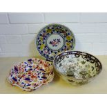 A mixed lot to include a modern Chinese Famille Noir bowl, a tin glazed plate and a Staffordshire