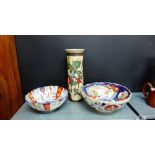 Two Imari bowls of scalloped circular form together with a Chinese vase painted with warriors