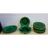 A collection of 19th century green glazed leaf moulded plates and serving dishes (approx 18)