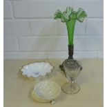A mixed lot to include a green glass flower posy, a Belleek style porcelain shell dish, a small 19th