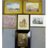 A mixed lot to include a coloured engraving of Dunblane Cathedral, a Royal Scots print, a Pisarro