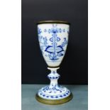 A blue and white knop stemmed goblet with metal mounts, 32cm high