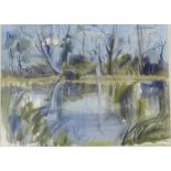 Patricia Giles Tasmanian School 'Lakeside Scene' Watercolour, in a glazed frame, signed bottom left,