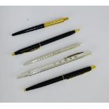 Mappin & Webb silver pen, Tiffany Sterling Silver pen, Saks New York pen Parker pen and another (5)