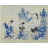 A Japanese painting on silk depicting three cranes among foliage, in a glazed ebonised frame, 28 x