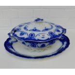 A Crescent blue and white tureen and cover, together with a Staffordshire blue and white oval