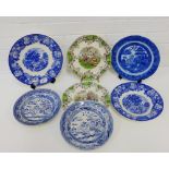 A collection of blue and white pottery to include Enoch Woods English scenery bowl and plate, a pair