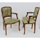 A pair of French fruitwood framed open armchairs with upholstered back, arm and seats, 82 x 64cm (2)