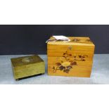 A wooden inlaid jewellery box depicting Mount Fuji and flowers with concertina opening action,