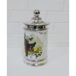 A continental porcelain silver lustre jar and cover with hand painted game birds pattern, 27cm high