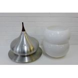 A collection of retro lamp shades and light fittings to include two Guzzini type white plastic and