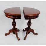 A pair of demi lune tables, each on a column and tripod support, 66 x 63cm, (2)