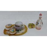 A mixed lot to include a decanter and stopper, a porcelain dressing table set comprising a plate and