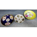 Three various Meissen saucers to include a yellow glazed floral patterned dish, another with