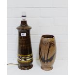 A Jersey pottery retro table lamp, together with a brown glazed vase, (2)