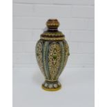 A Mettlach stoneware lamp base with impressed marks to base, with incised scrolling pattern and