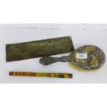 A mixed lot to include an Art Nouveau silver backed hair brush, a brass Shepherd and Sheep finger
