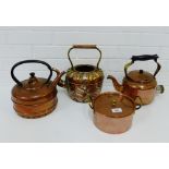 Three copper kettles together with a copper and brass twin handled pot, (4)