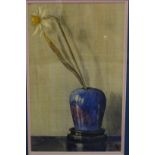 20th Century School 'Still Life of a Daffodil in a Blue Vase on a Chinese hardwood stand'