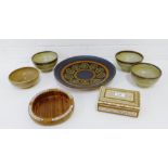 A mixed lot to include an inlaid box, a West German pottery plate, stoneware bowls, etc., (a lot)