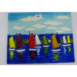 A tiled plaque with sailing boats, 35 x 28cm