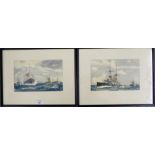 A pair of coloured ship prints in glazed ebonised frames, 25 x 15cm, (2)