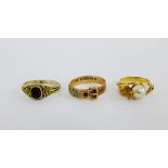 9 carat gold turquoise set buckle ring, together with a yellow metal pearl set dress ring and a