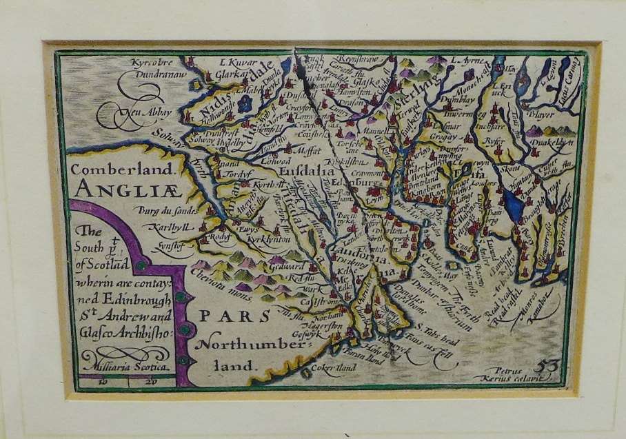 John Speed, hand coloured map of 'Comberland, Northumberland and Southern Scotland', in a glazed and