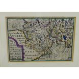 John Speed, hand coloured map of 'Comberland, Northumberland and Southern Scotland', in a glazed and