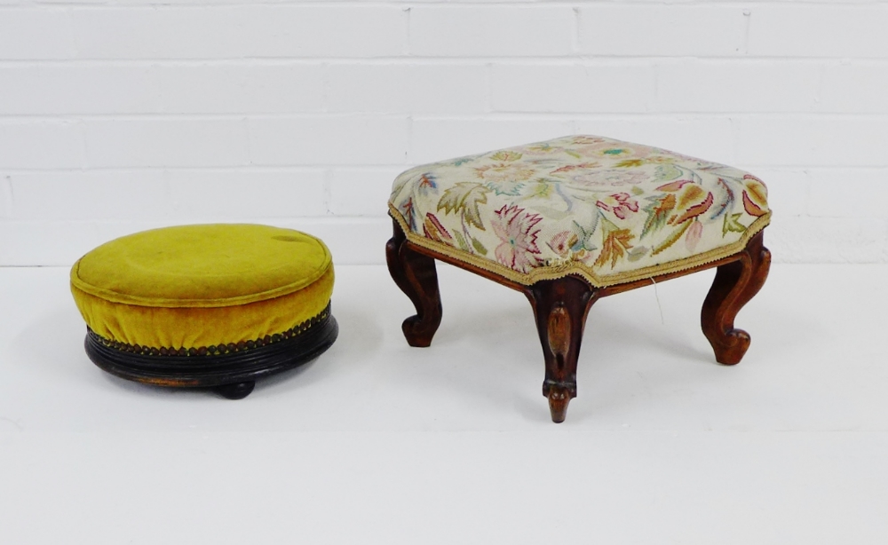 A tapestry upholstered top footstool on cabriole legs together with a round footstool on bun feet,