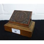 An Edinburgh bronze Coat of Arms medallion on oak plinth base 13 x 9cm