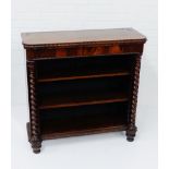 A 19th century rosewood open bookcase with adjustable shelves flanked by barley twist columns, 92