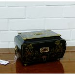 A contemporary antique style jewellery casket, hand painted by Gabriella Blakey, with brass lion