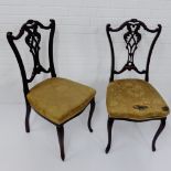 A pair of Edwardian mahogany side chairs with pierced splats over upholstered seats, raised on